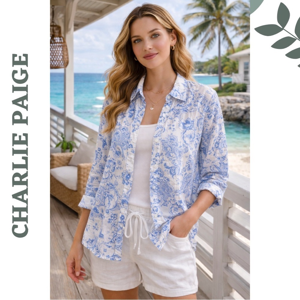 Charlie Paige Blue Paisley Cotton Blouse Medium NWT